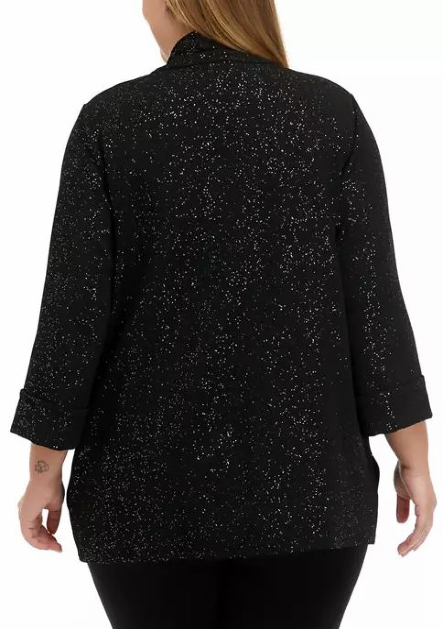 Women * | Brand New Kasper Plus Size 3/4 Sleeve Cardigan With Stretch Cross Hatch Black/Silver