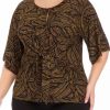 Women * | Best Deal Kasper Plus Size 3/4 Sleeve Tie Front Abstract Foil Print Top Black/Marigold Combo