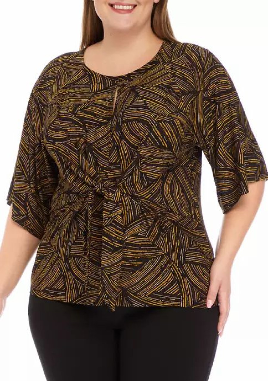 Women * | Best Deal Kasper Plus Size 3/4 Sleeve Tie Front Abstract Foil Print Top Black/Marigold Combo