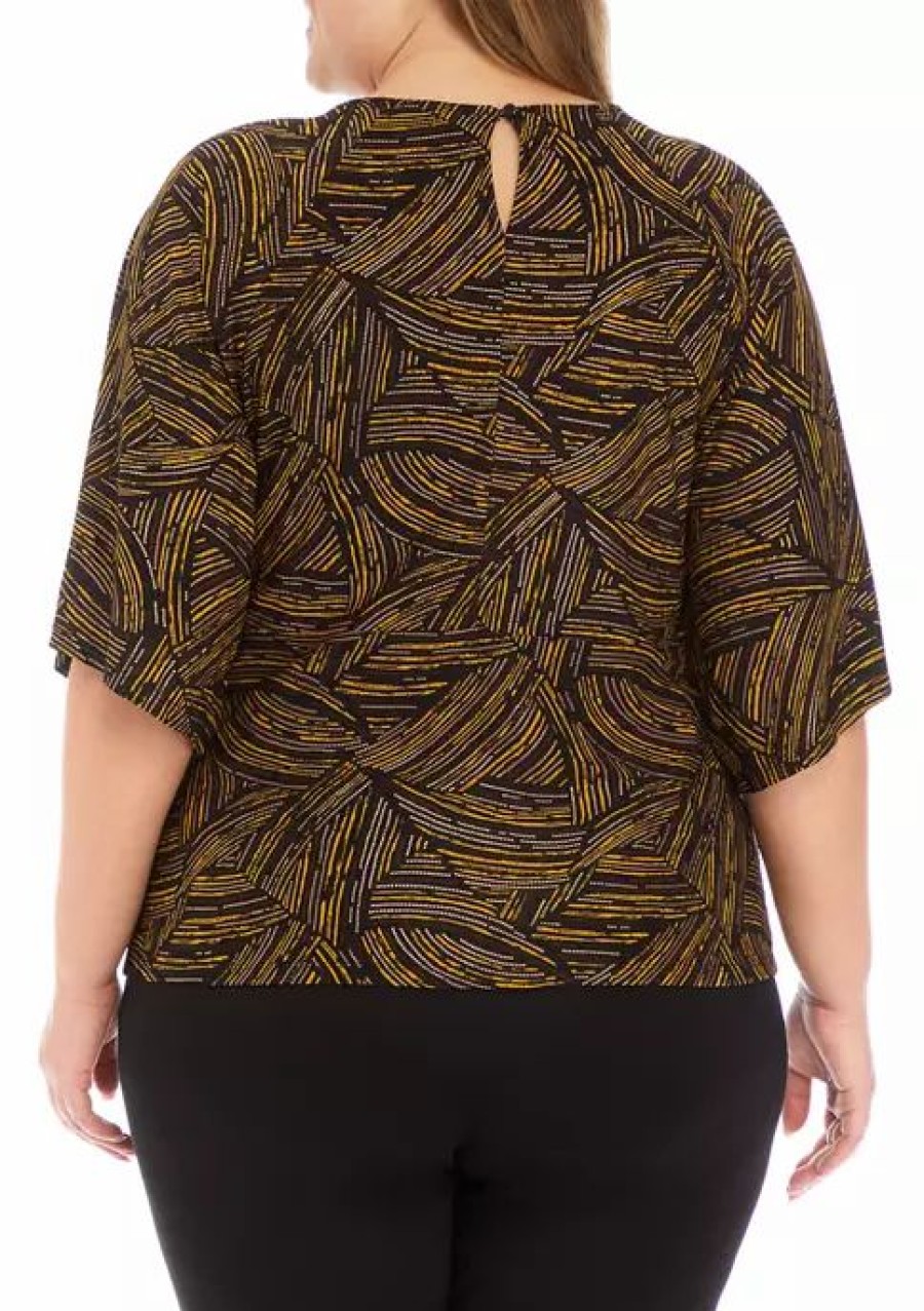 Women * | Best Deal Kasper Plus Size 3/4 Sleeve Tie Front Abstract Foil Print Top Black/Marigold Combo