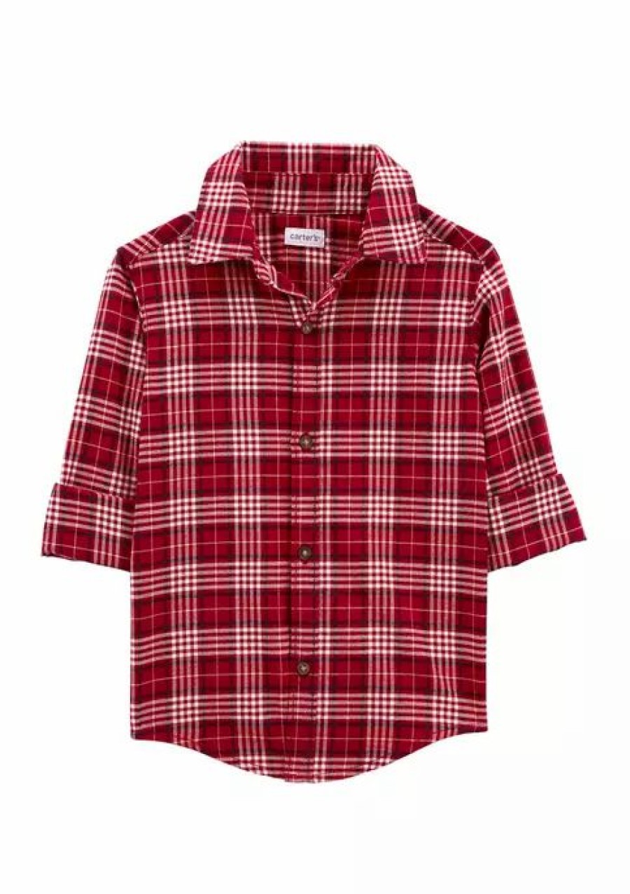 Kids * | Flash Sale Carter'S Toddler Boys Red Woven Plaid Shirt Plaid (981