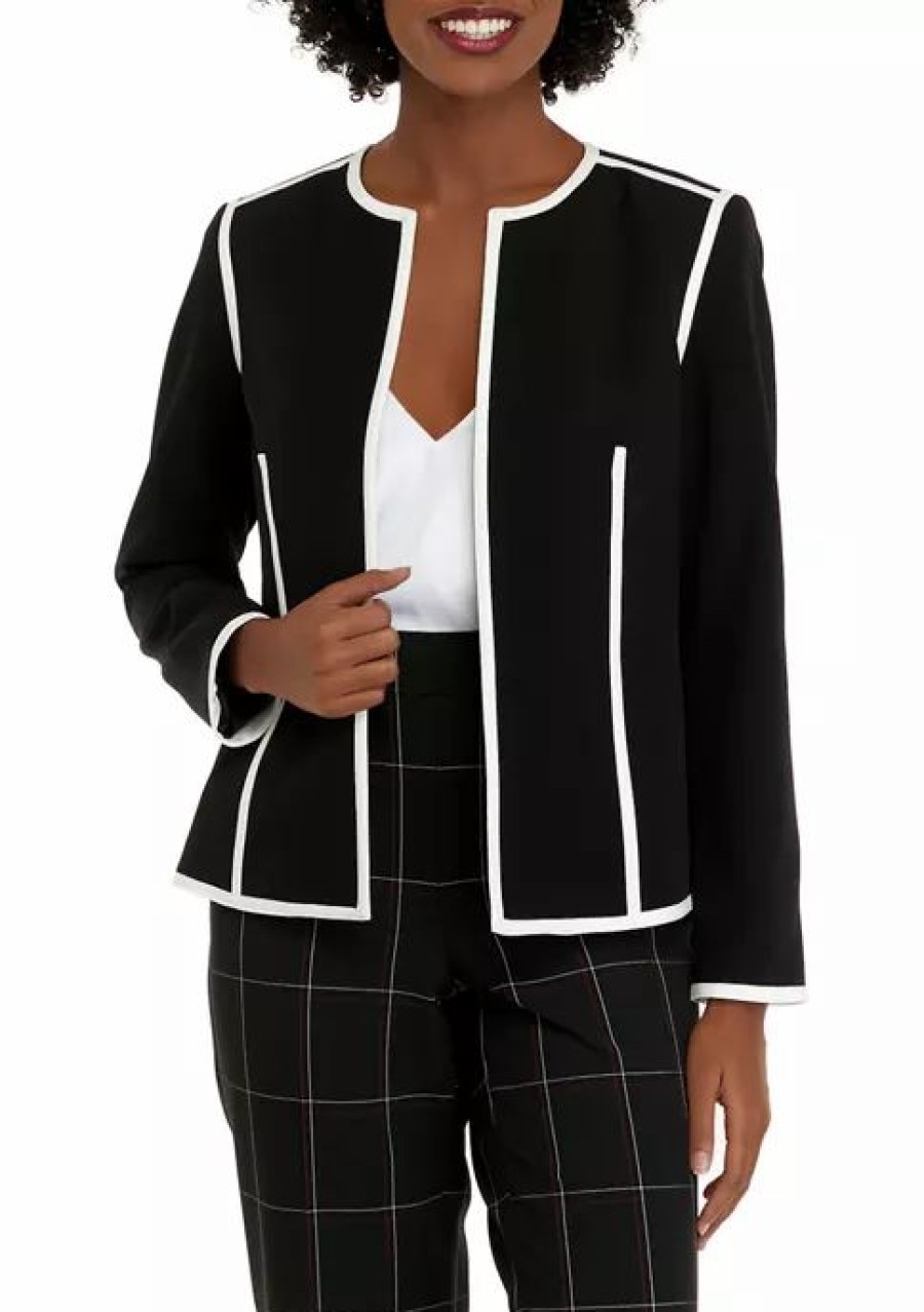 Women * | Best Sale Kasper Women'S Long Sleeve Contrast Piping Open Front Jacket Black/Vanilla Ice