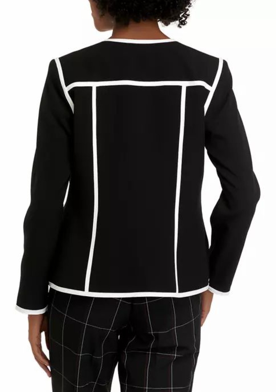 Women * | Best Sale Kasper Women'S Long Sleeve Contrast Piping Open Front Jacket Black/Vanilla Ice