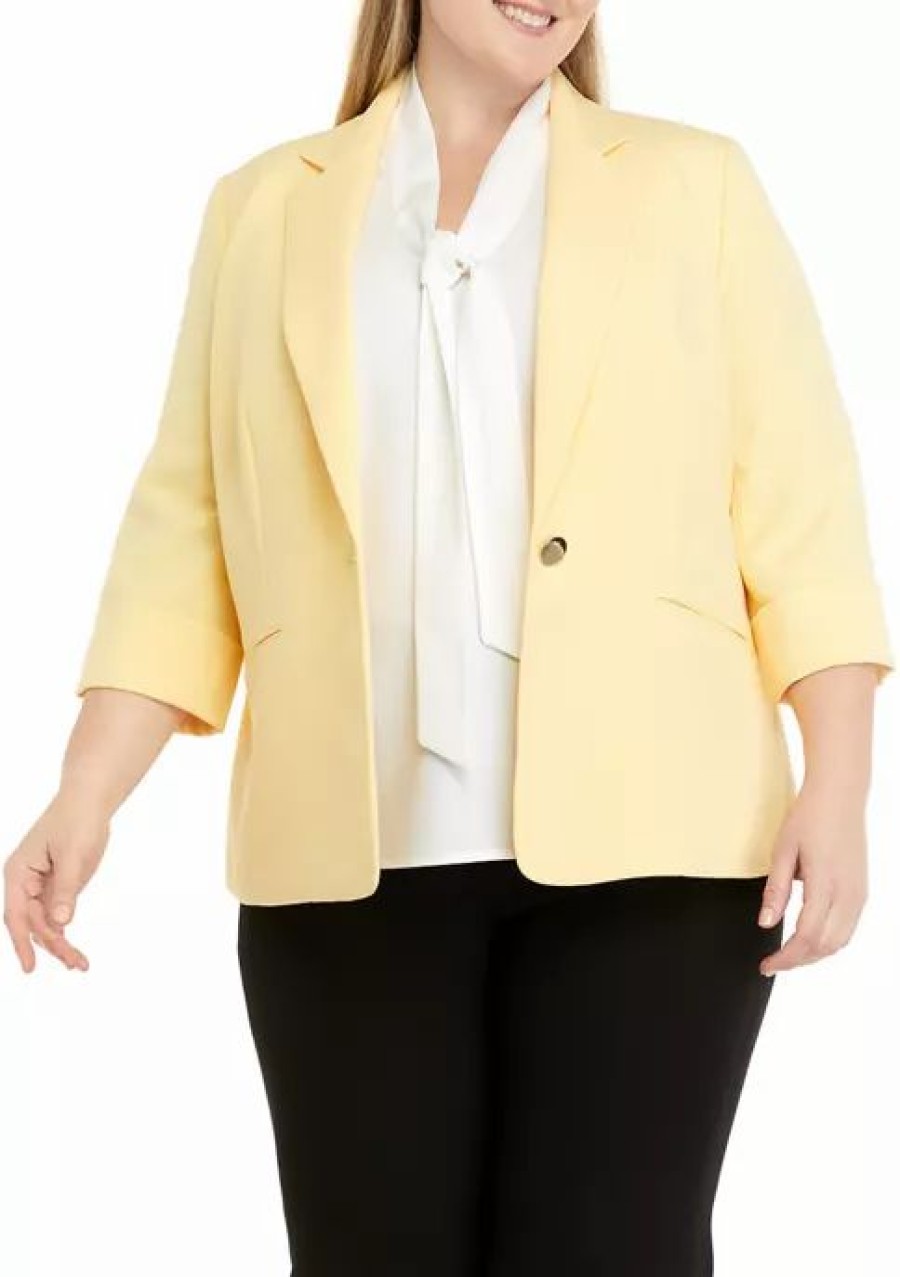 Women * | Wholesale Kasper Plus Size 3/4 Roll Sleeve One Button Jacket Pale Yellow