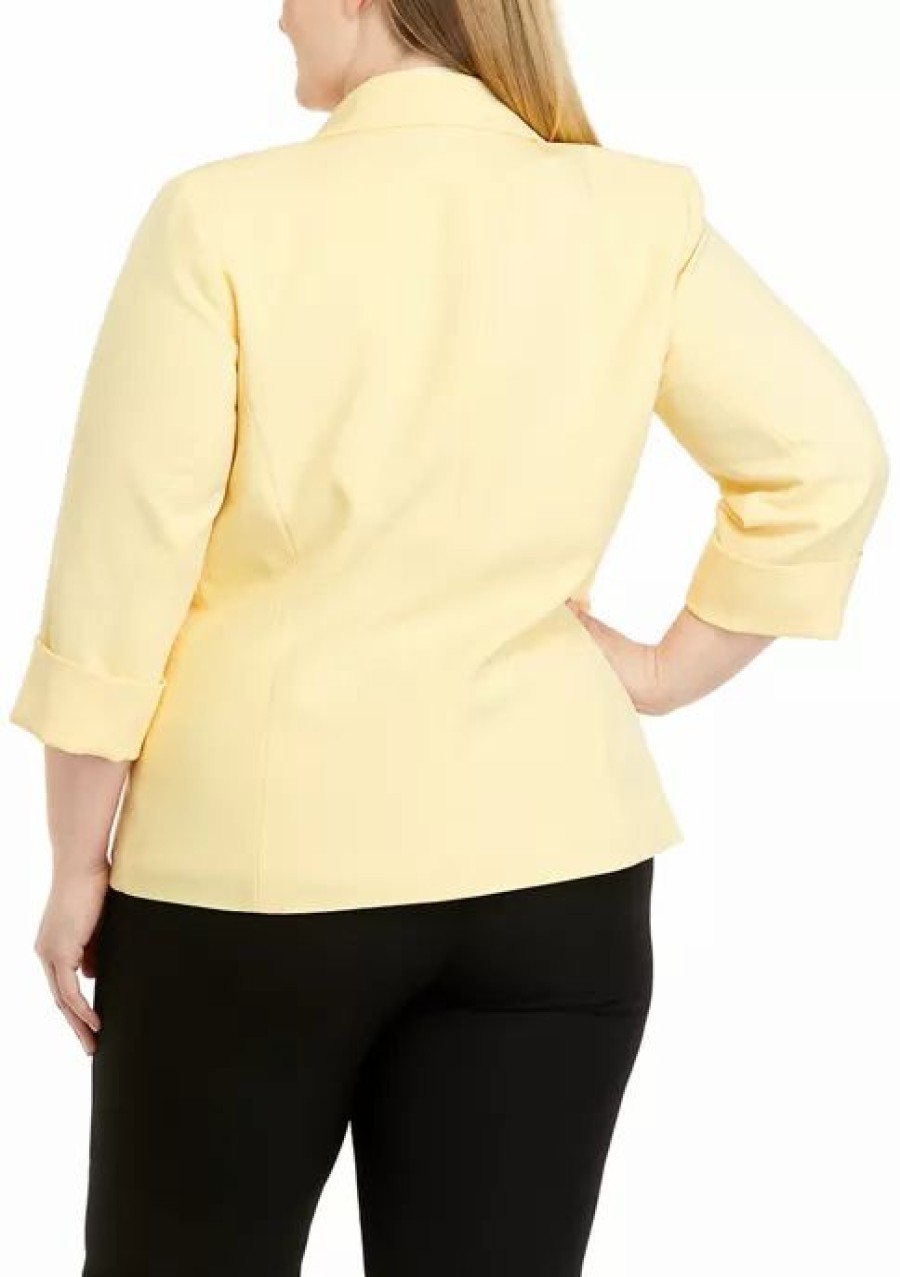 Women * | Wholesale Kasper Plus Size 3/4 Roll Sleeve One Button Jacket Pale Yellow