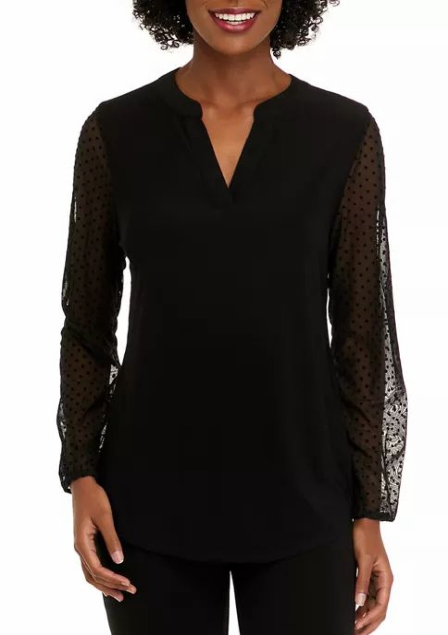 Women * | Budget Kasper Women'S Long Sleeve Lace Split Neck Tunic Top