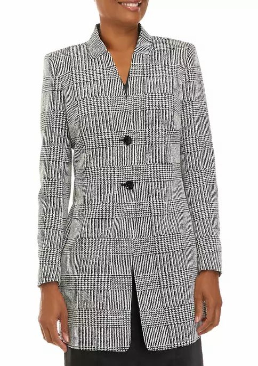 Women * | Best Deal Kasper Women'S Double Button Front Longer Length Plaid Jacket Black/Vanilla Ice