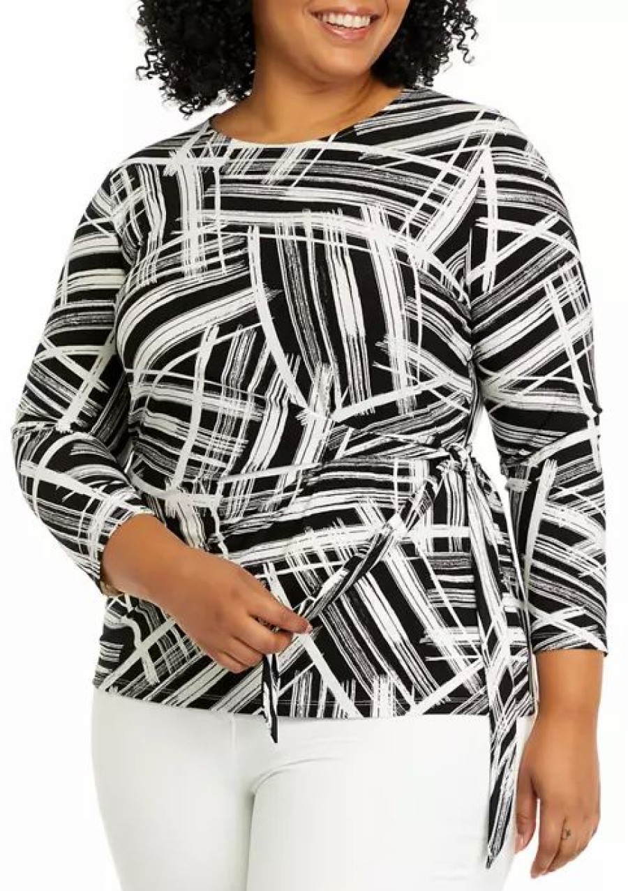 Women * | Coupon Kasper Plus Size 3/4 Sleeve Stripe Print Side Knot Top Black/Vanilla Ice