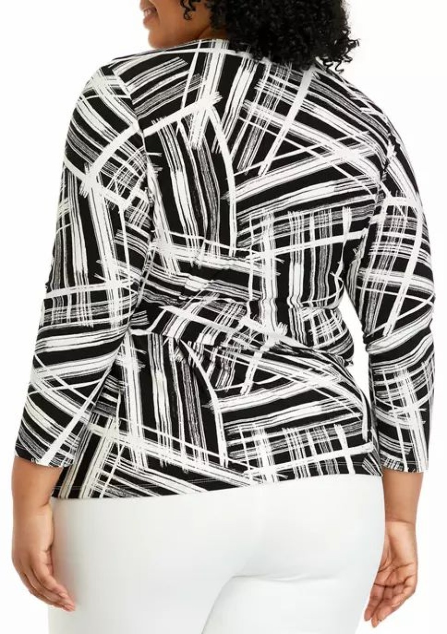 Women * | Coupon Kasper Plus Size 3/4 Sleeve Stripe Print Side Knot Top Black/Vanilla Ice