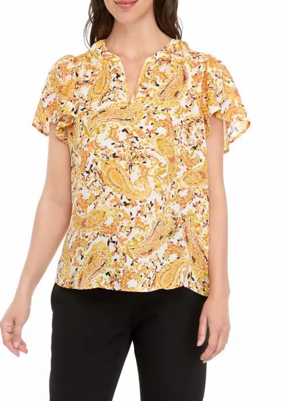 Women * | Cheap Kasper Women'S Flutter Sleeve Floral Top Butterscotch Combo