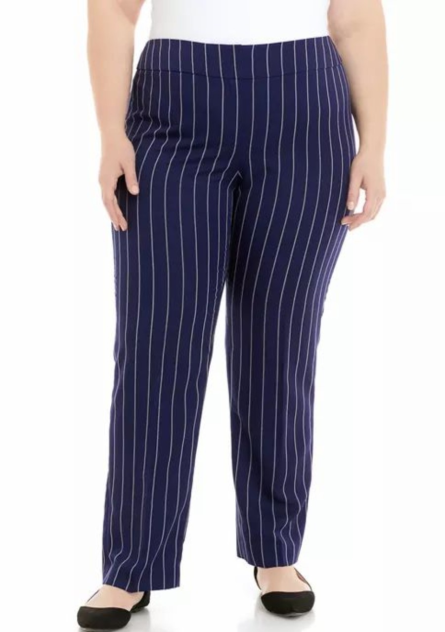 Women * | Promo Kasper Plus Size Slim Unlined Pinstripe Pants Kasper Nay/Van. Ice