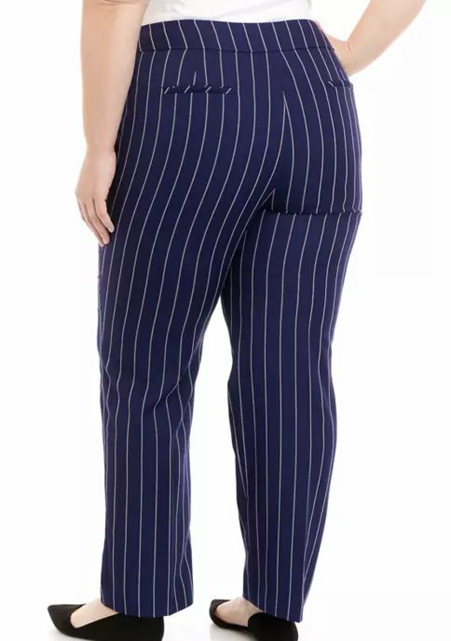 Women * | Promo Kasper Plus Size Slim Unlined Pinstripe Pants Kasper Nay/Van. Ice