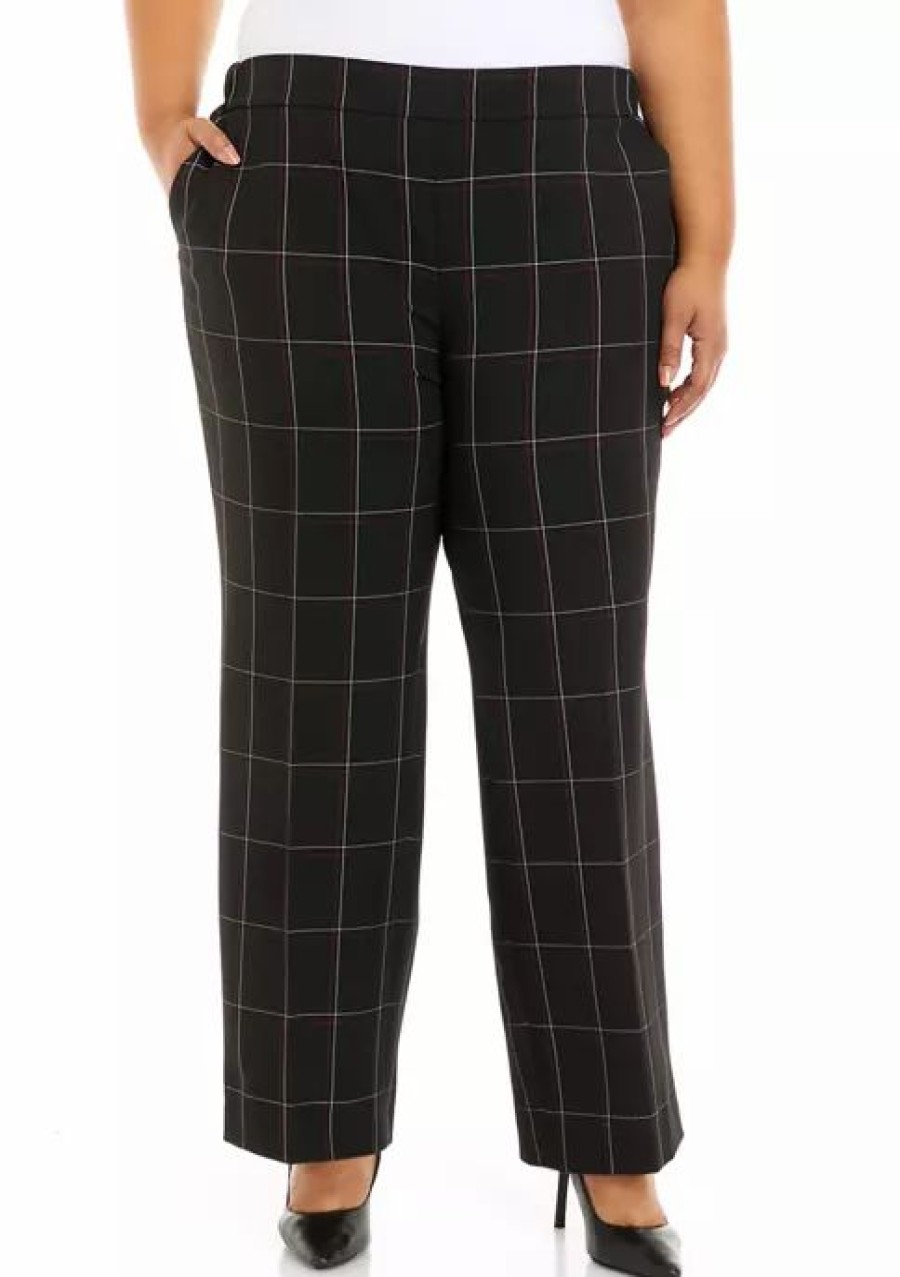 Women * | Top 10 Kasper Petite Wide Leg Windowpane Pants Black Multi