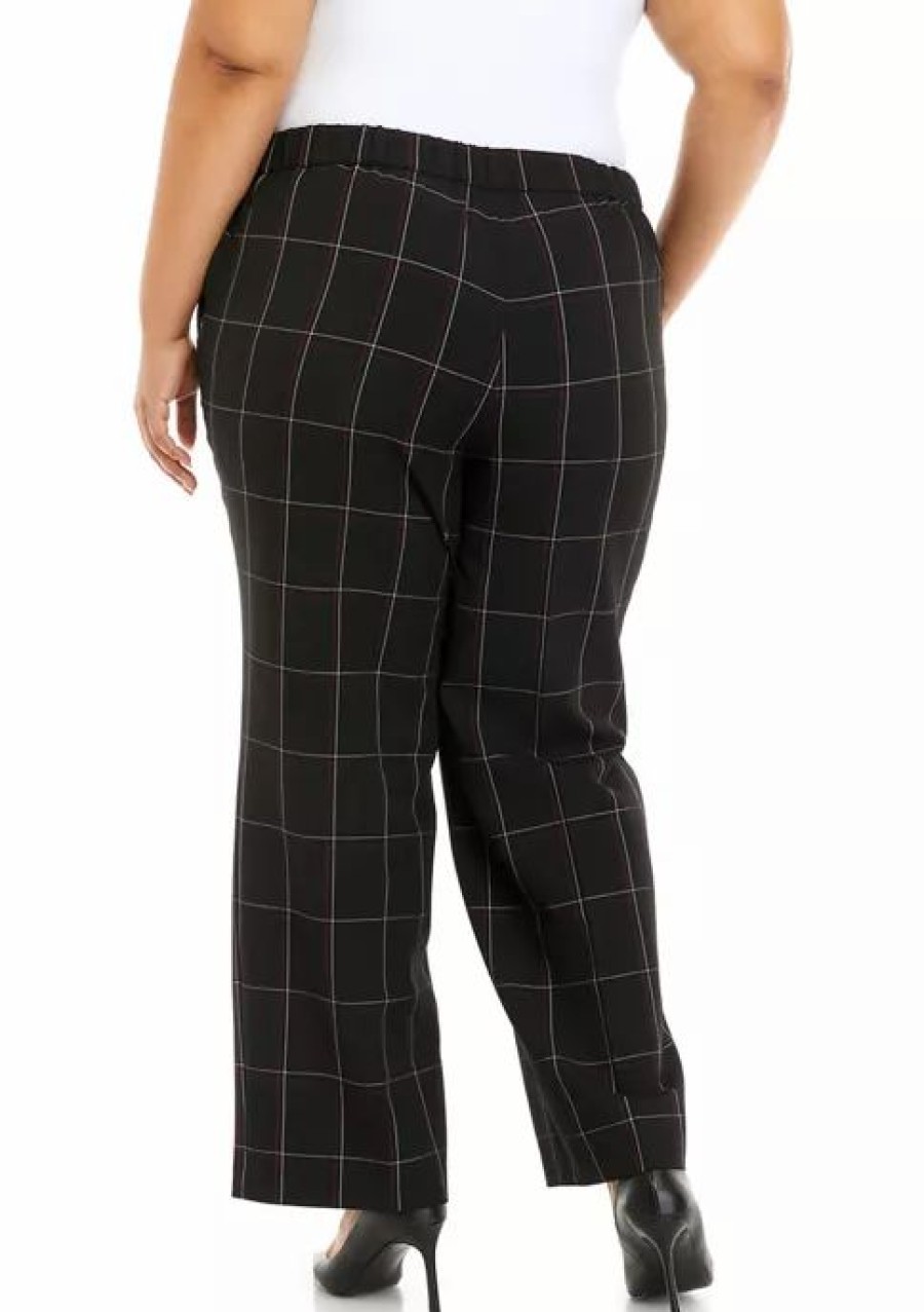 Women * | Top 10 Kasper Petite Wide Leg Windowpane Pants Black Multi