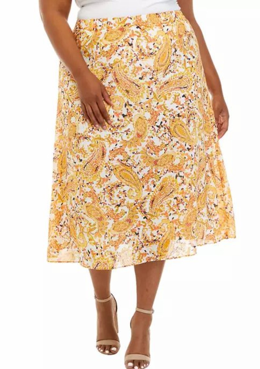 Women * | Best Sale Kasper Plus Size Pull On Printed Skirt Butterscotch Combo