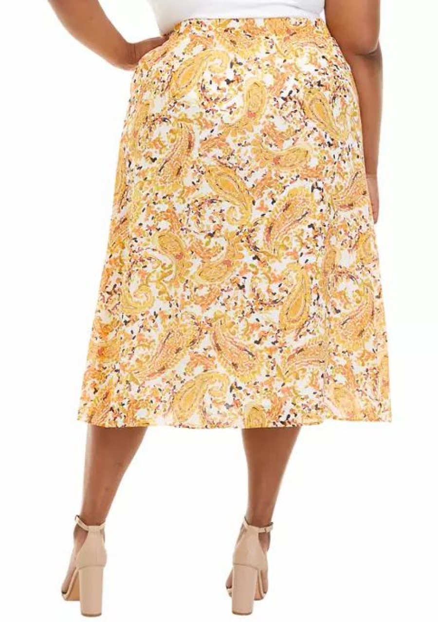 Women * | Best Sale Kasper Plus Size Pull On Printed Skirt Butterscotch Combo