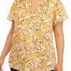 Women * | Brand New Kasper Plus Size Short Sleeve Split Neck Paisley Woven Top Butterscotch Combo