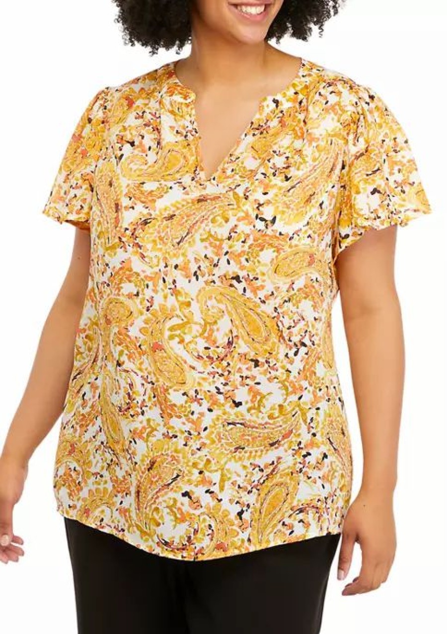 Women * | Brand New Kasper Plus Size Short Sleeve Split Neck Paisley Woven Top Butterscotch Combo