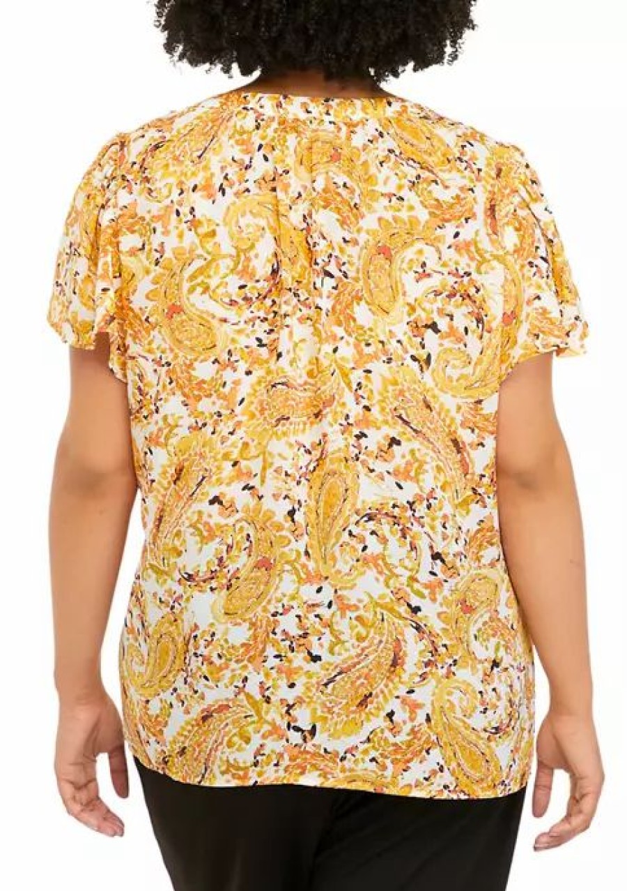 Women * | Brand New Kasper Plus Size Short Sleeve Split Neck Paisley Woven Top Butterscotch Combo