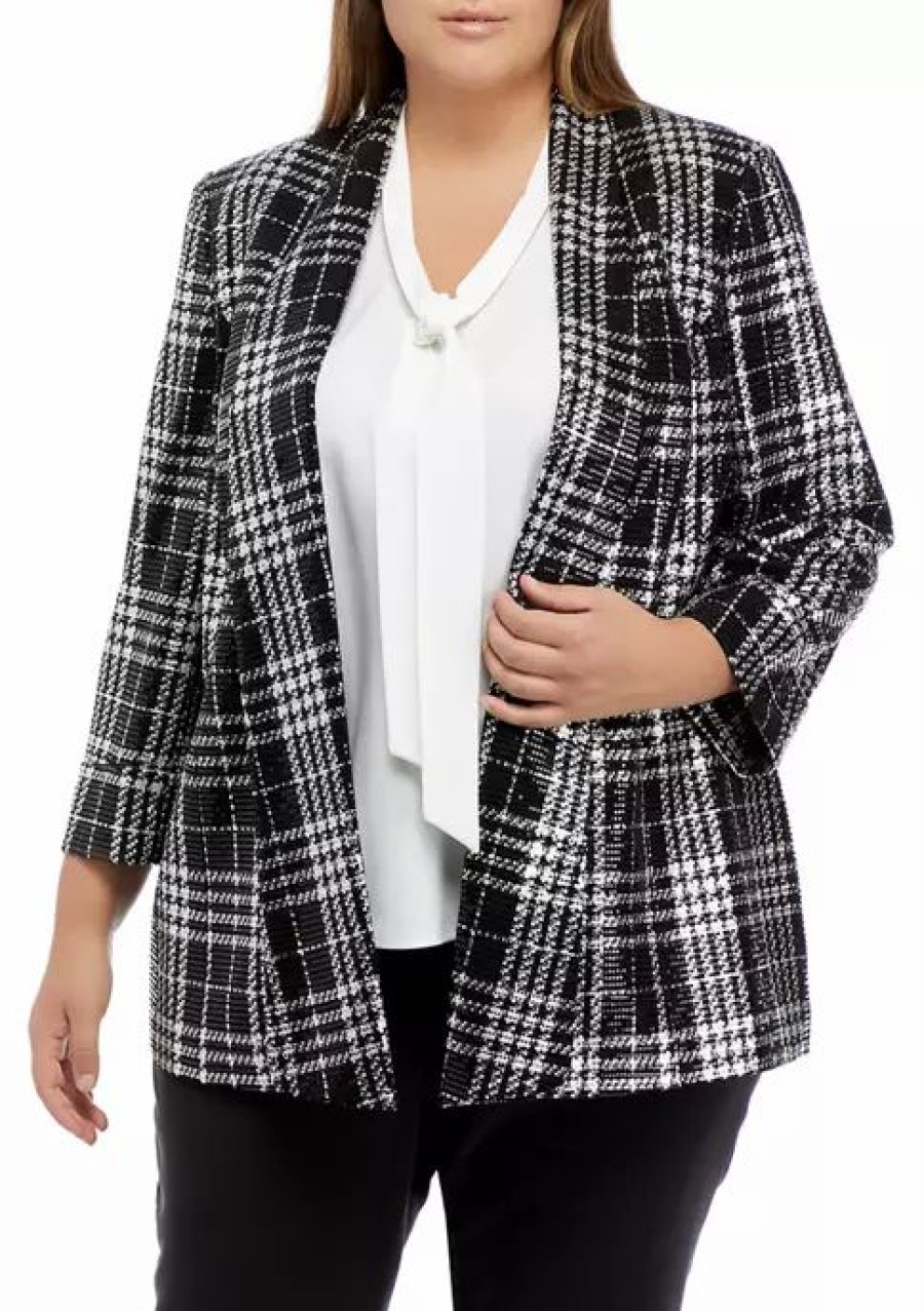 Women * | Best Deal Kasper Plus Size 3/4 Sleeve Metallic Plaid Shawl Collar Blazer Black/Silver