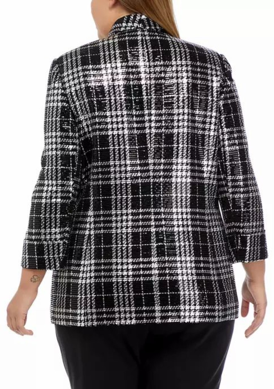 Women * | Best Deal Kasper Plus Size 3/4 Sleeve Metallic Plaid Shawl Collar Blazer Black/Silver