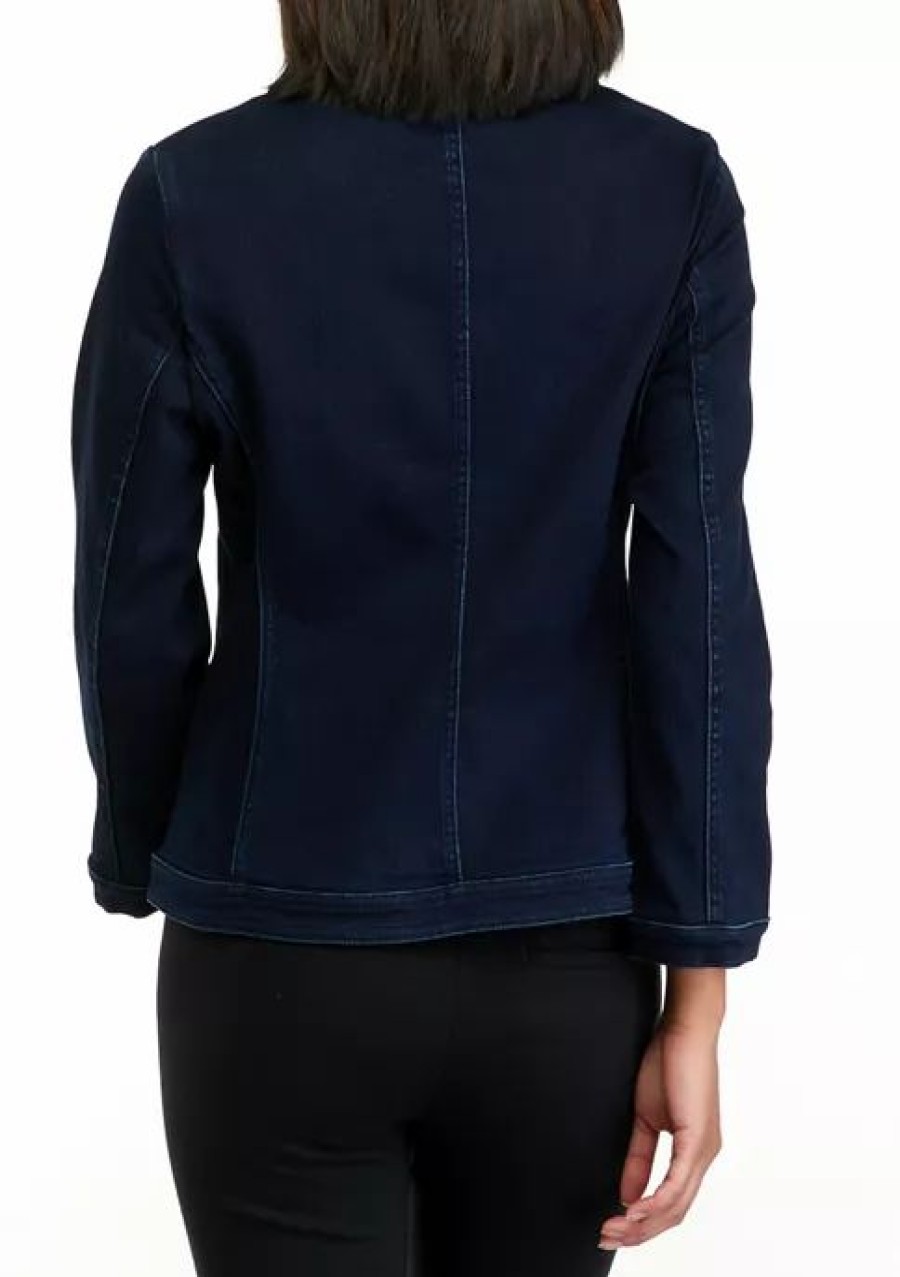 Women * | Deals Kasper Women'S Long Sleeve Open Front Denim Jacket Metro Wash