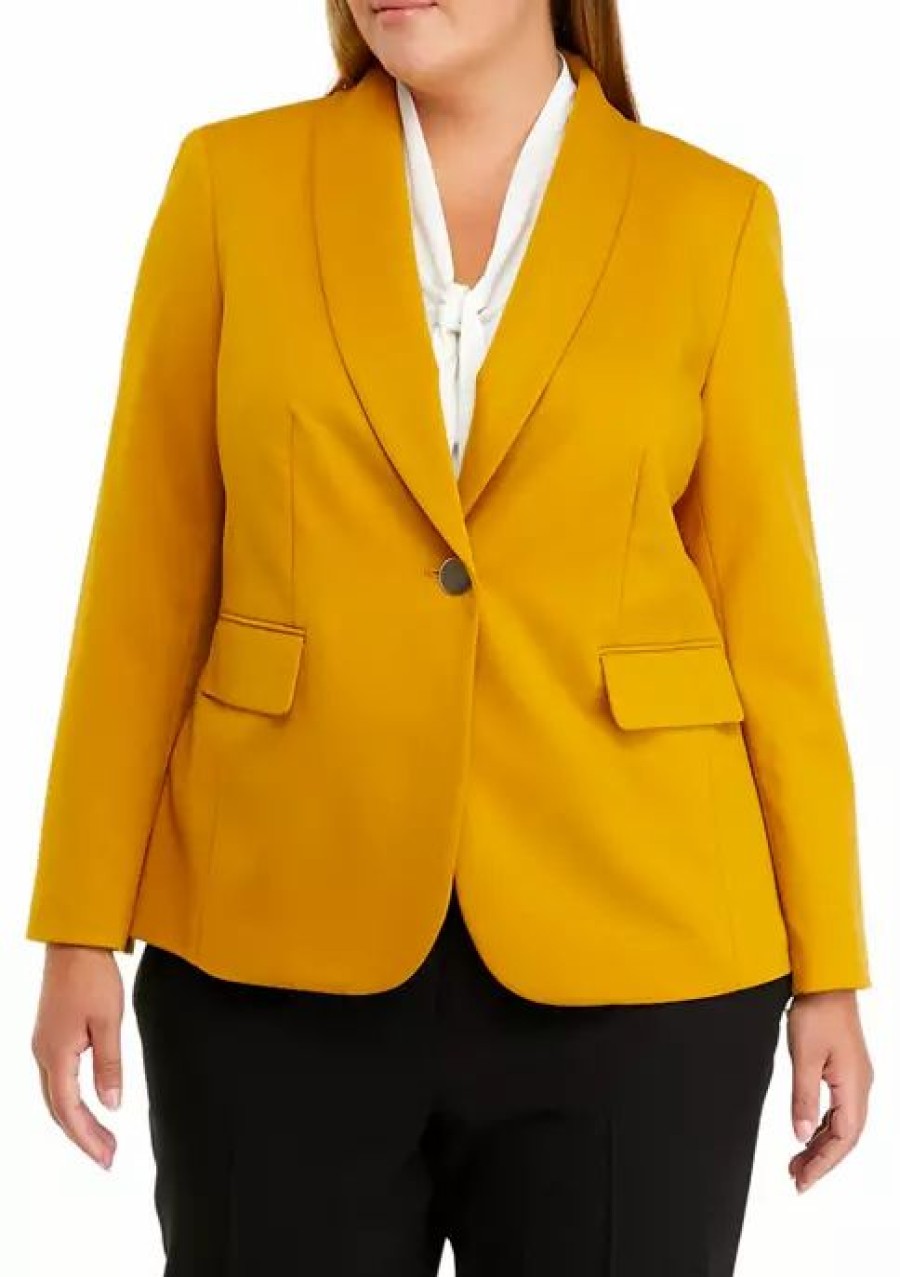 Women * | Cheapest Kasper Plus Size Long Sleeve Shawl Collar Solid Ponte Jacket Marigold