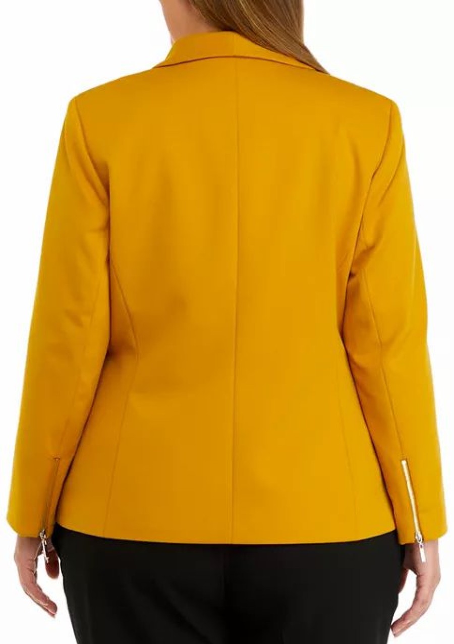 Women * | Cheapest Kasper Plus Size Long Sleeve Shawl Collar Solid Ponte Jacket Marigold