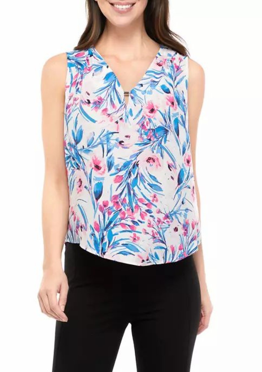 Women * | Top 10 Kasper Women'S Keyhole Floral Print Cami With Hardware Riviera/Pink Perfection