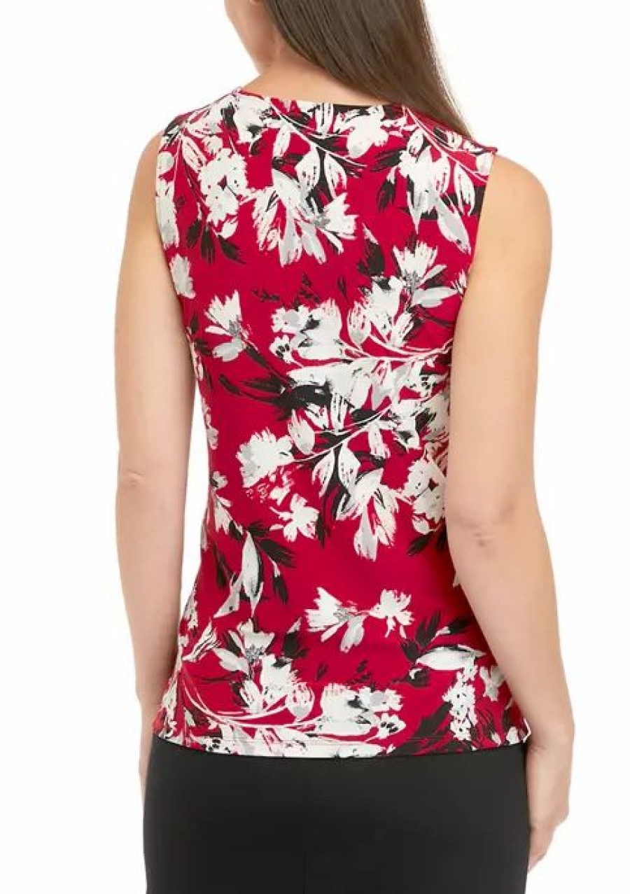 Women * | Outlet Kasper Women'S Sleeveless Floral Print Top Fire Red/Pebble Combo