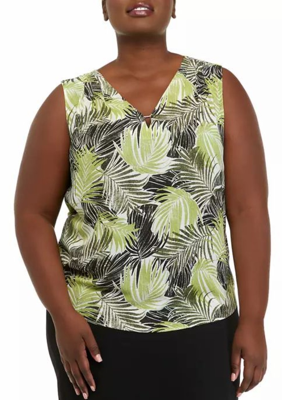 Women * | Outlet Kasper Plus Size Sleeveless V-Neck Bar Trim Palm Print Top Kiwi Combo