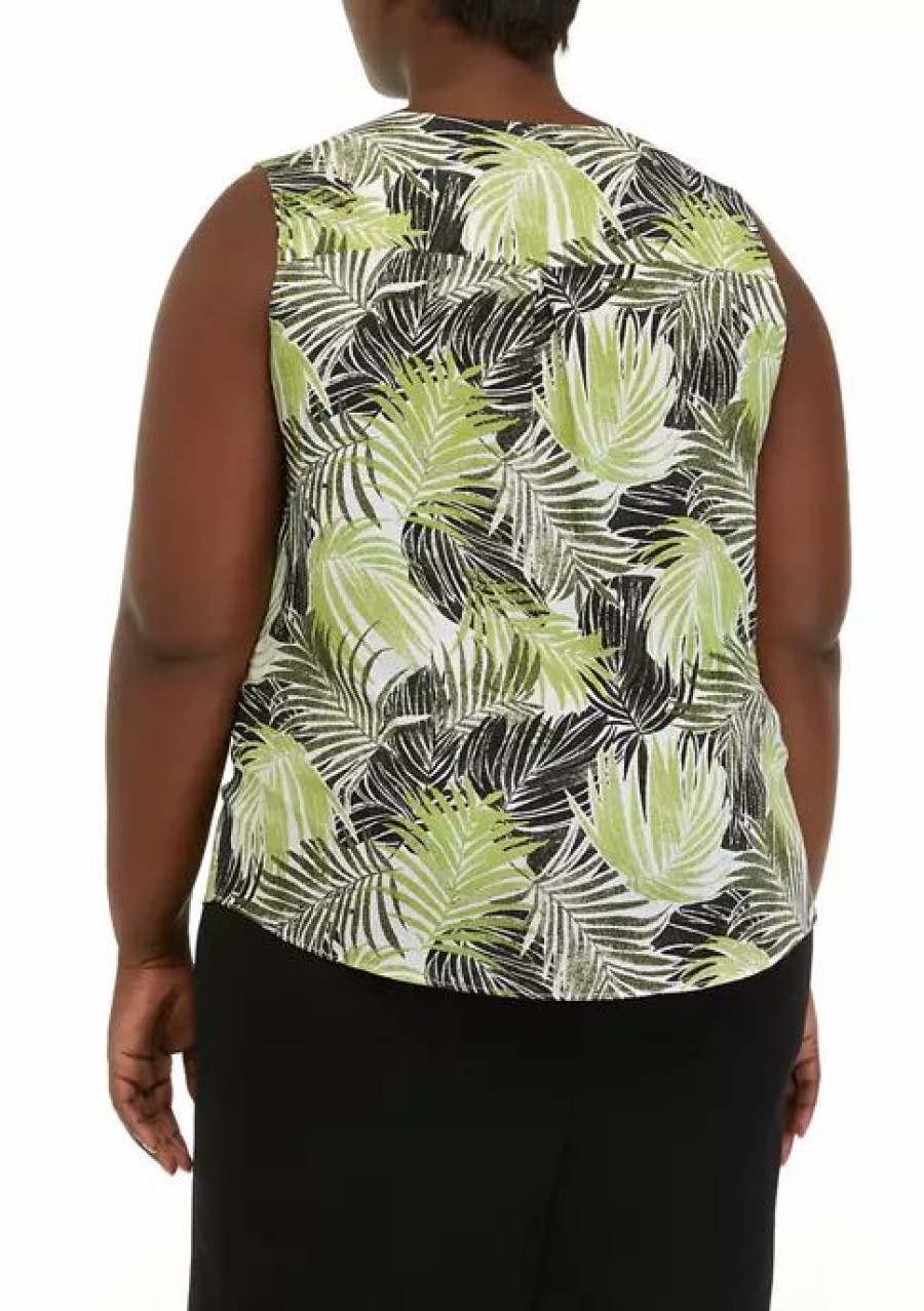 Women * | Outlet Kasper Plus Size Sleeveless V-Neck Bar Trim Palm Print Top Kiwi Combo