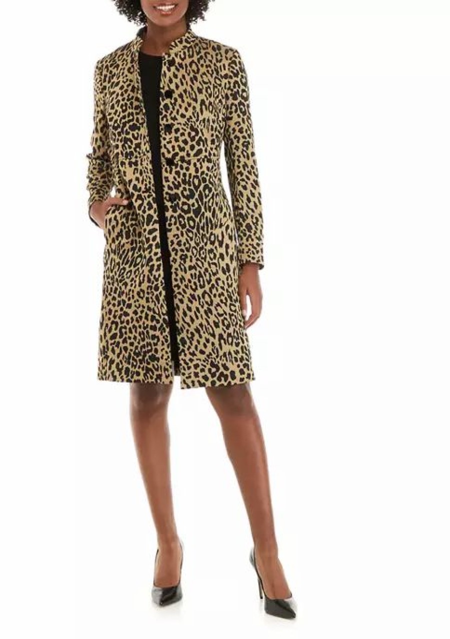 Women * | Hot Sale Kasper Women'S Long Sleeve Stretch Knit Animal Print Jacket Doe/Black