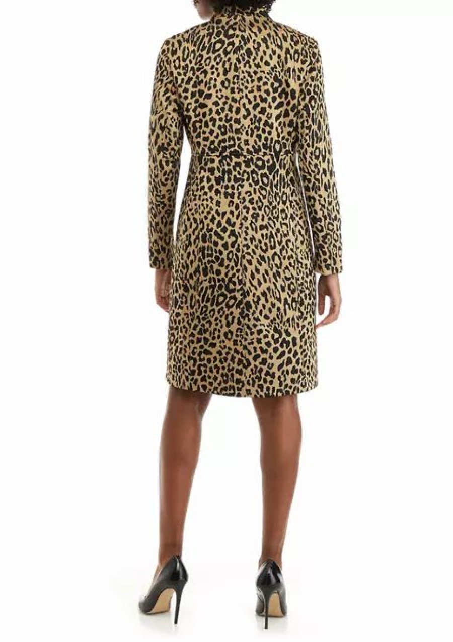 Women * | Hot Sale Kasper Women'S Long Sleeve Stretch Knit Animal Print Jacket Doe/Black