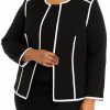 Women * | Cheap Kasper Plus Size Long Sleeve Open Front Jacket With Contrast Piping Black/Vanilla Ice