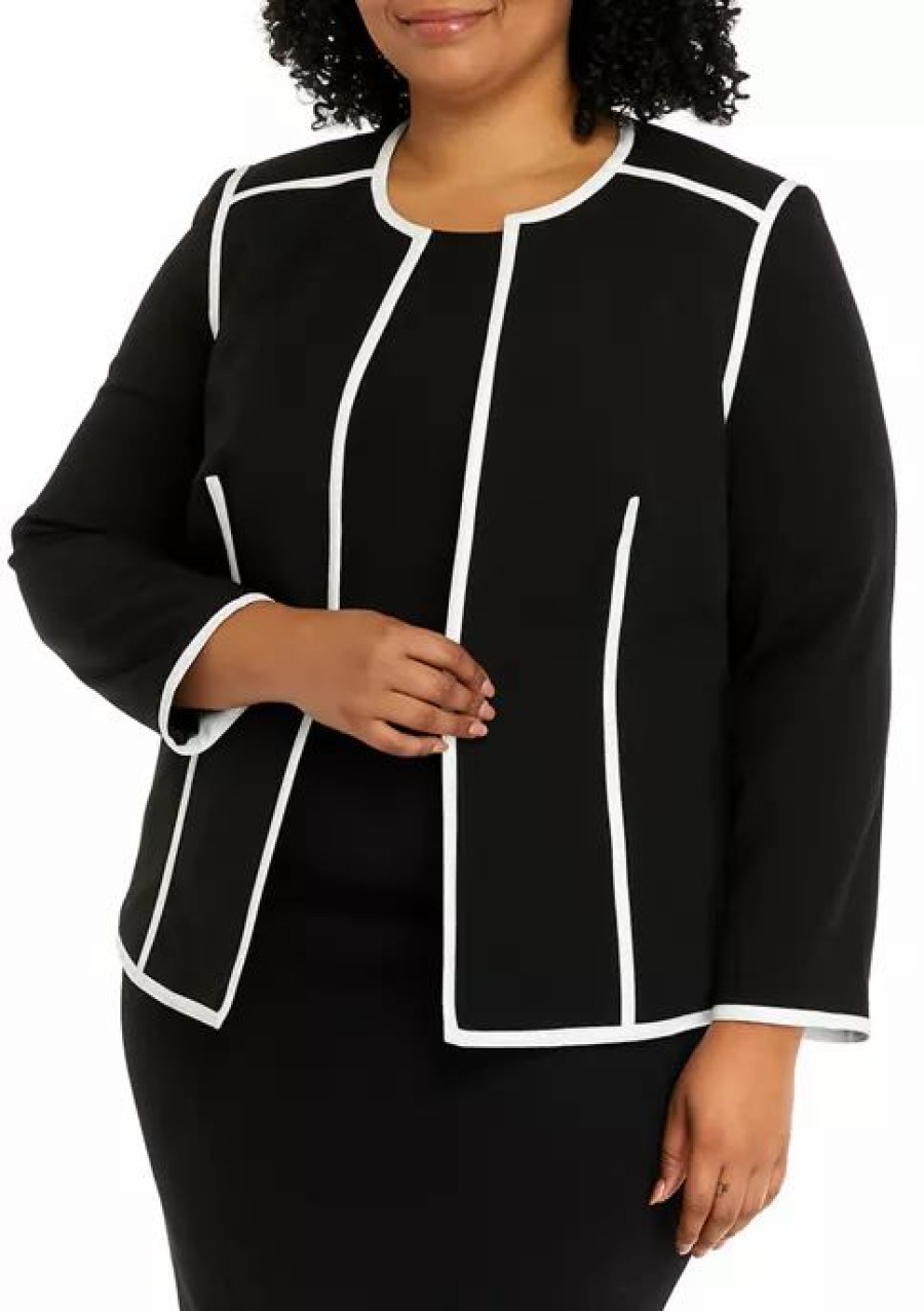 Women * | Cheap Kasper Plus Size Long Sleeve Open Front Jacket With Contrast Piping Black/Vanilla Ice