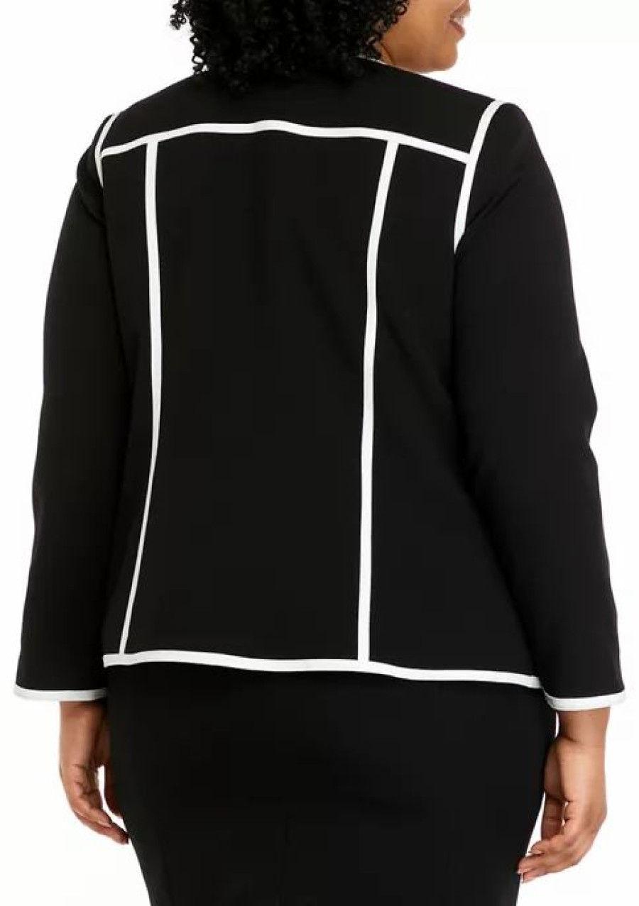 Women * | Cheap Kasper Plus Size Long Sleeve Open Front Jacket With Contrast Piping Black/Vanilla Ice