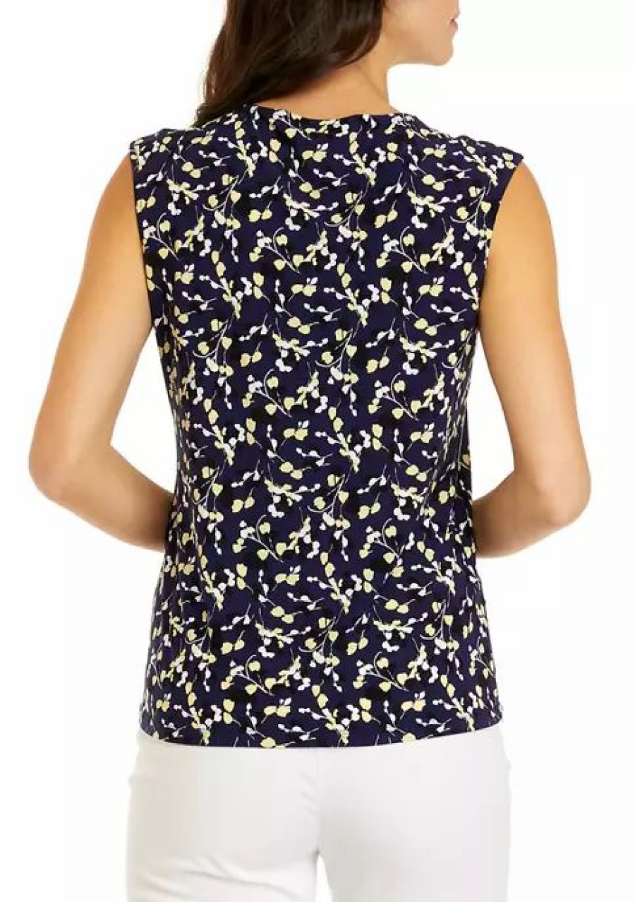 Women * | Promo Kasper Women'S Cap Sleeve Cutout Twist Front Printed Top Kasper Navy Multi