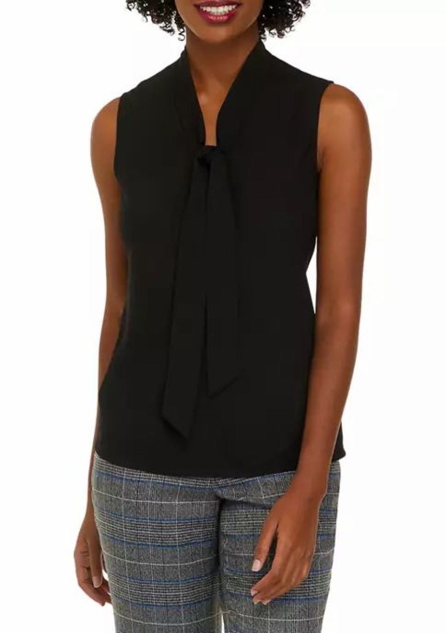 Women * | Best Sale Kasper Petite Sleeveless Tie Front Blouse Black