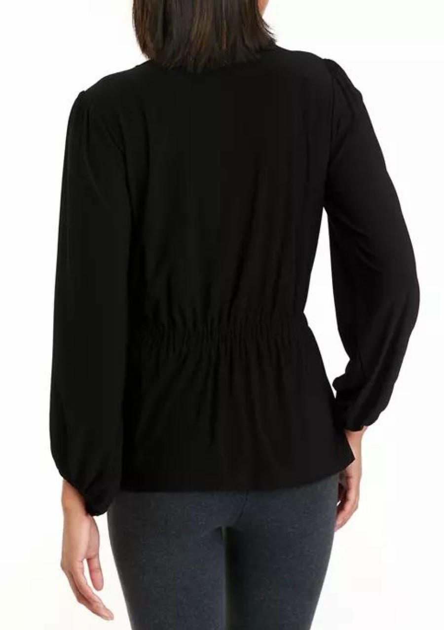 Women * | Top 10 Kasper Women'S Long Sleeve Lace Trim Peplum Blouse Black