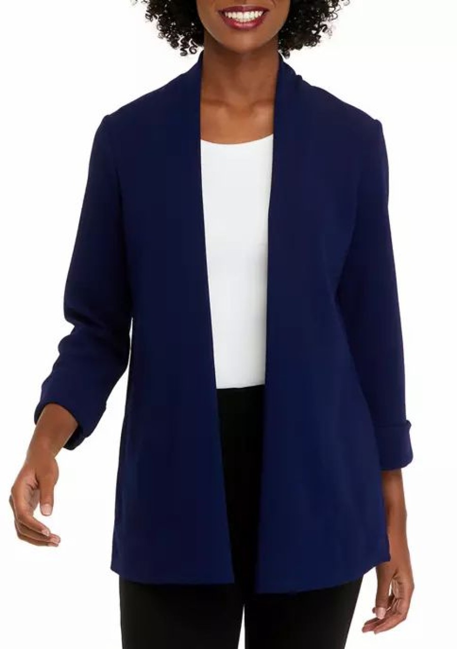 Women * | Promo Kasper Women'S Roll Sleeve Front Pockets Open Jacket Kasper Navy