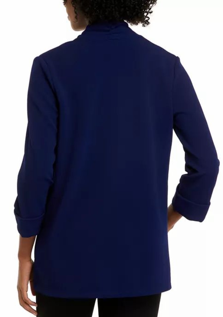 Women * | Promo Kasper Women'S Roll Sleeve Front Pockets Open Jacket Kasper Navy