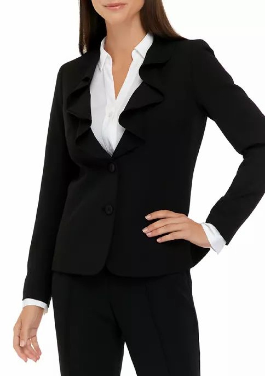 Women * | Outlet Kasper Women'S Long Sleeve Ruffle Front 2 Button Crepe Jacket Black