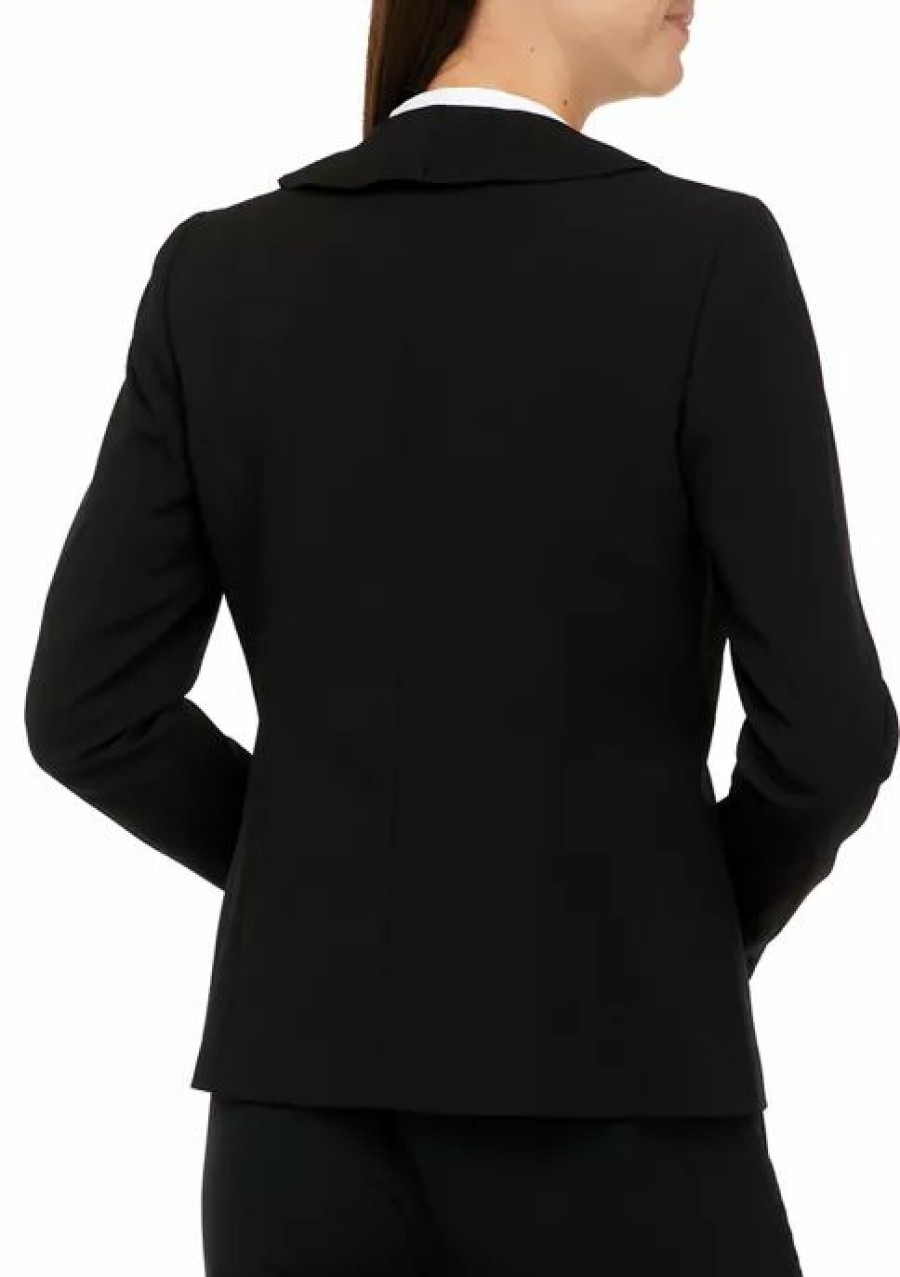 Women * | Outlet Kasper Women'S Long Sleeve Ruffle Front 2 Button Crepe Jacket Black