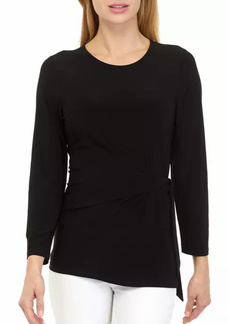 Women * | Best Reviews Of Kasper Women'S Long Sleeve Side Tie Top Black