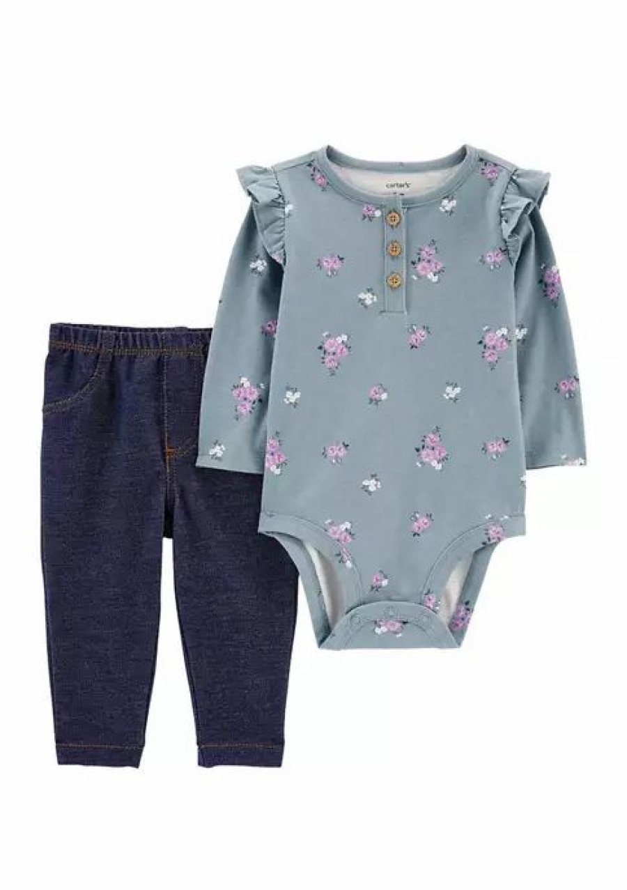 Kids * | Wholesale Carter'S Baby Girls 2-Piece Floral Bodysuit Pant Set Blue