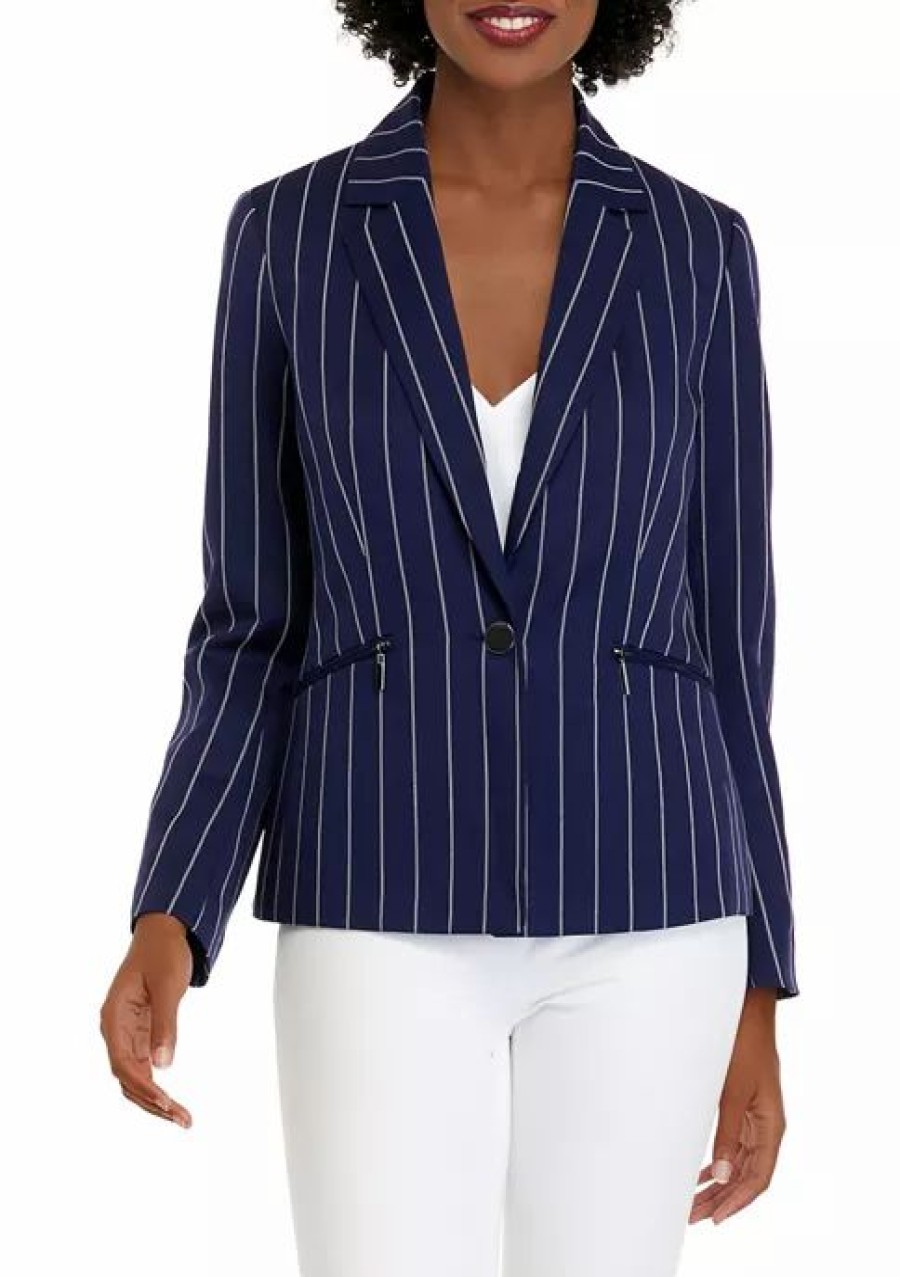 Women * | Best Sale Kasper Women'S Long Sleeve Notch Collar One Button Pinstripe Jacket Kasper Nay/Van. Ice