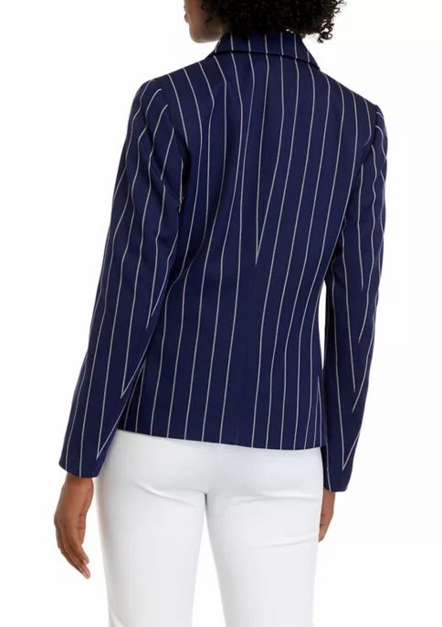 Women * | Best Sale Kasper Women'S Long Sleeve Notch Collar One Button Pinstripe Jacket Kasper Nay/Van. Ice