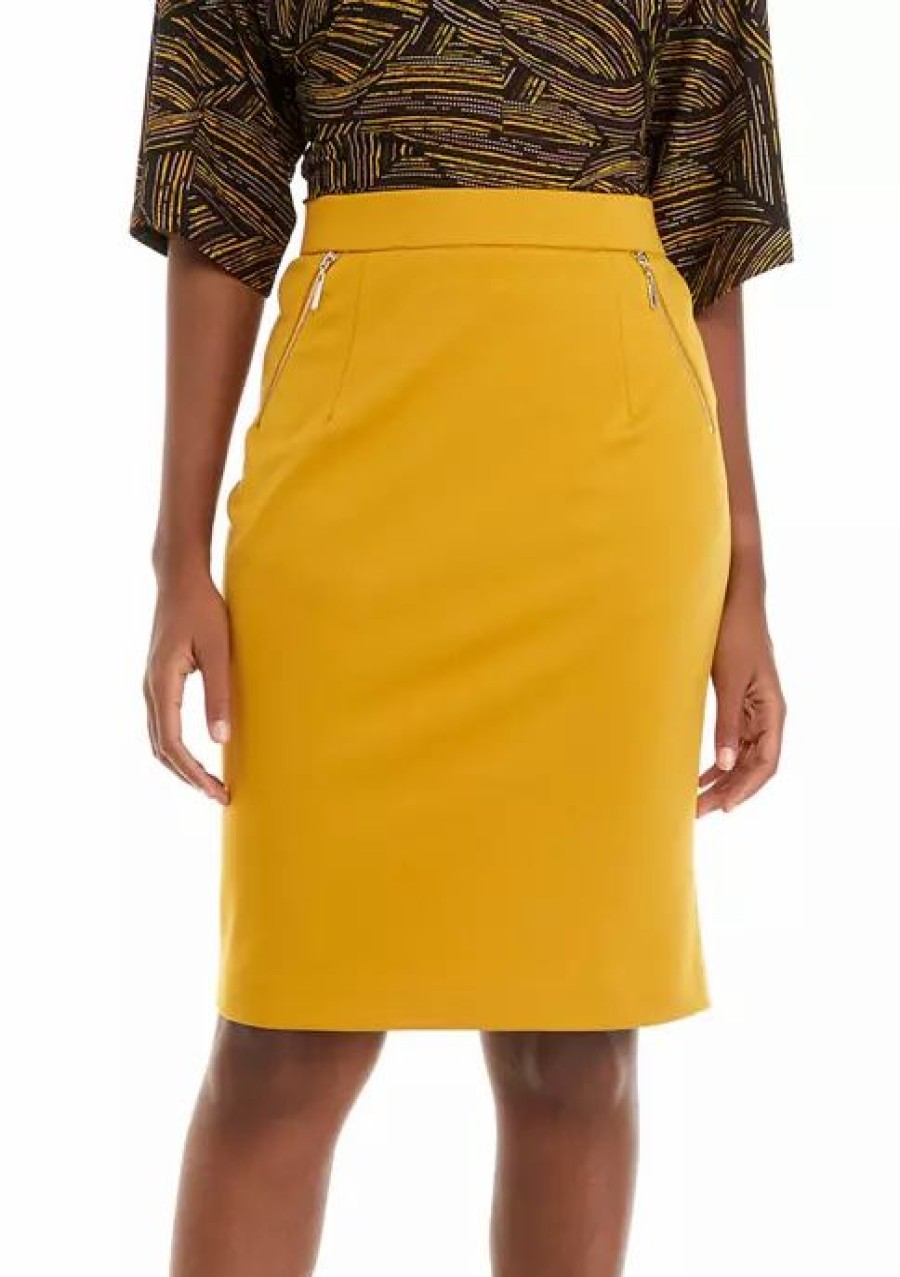 Women * | Best Sale Kasper Women'S Slim Pull On Zipper Front Ponte Skirt Marigold