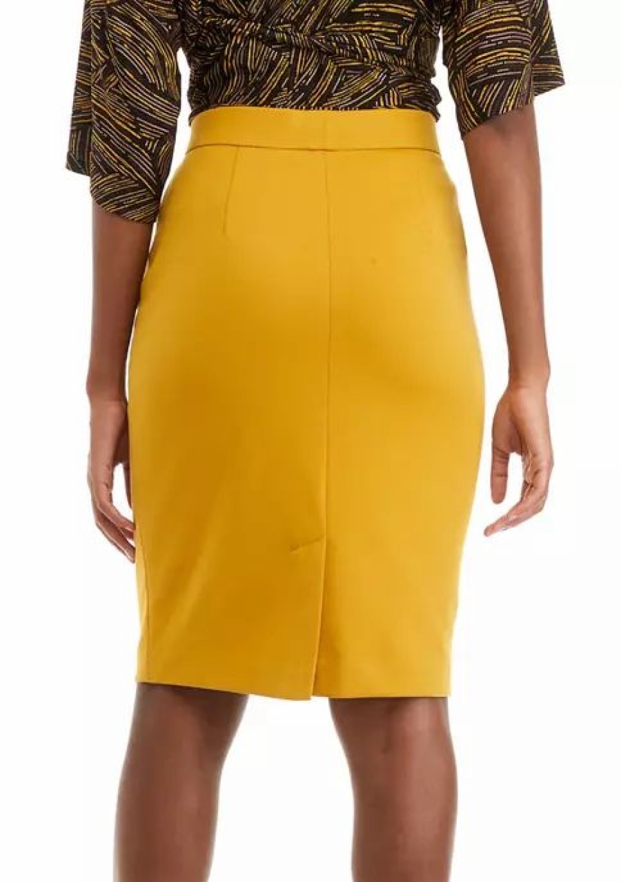 Women * | Best Sale Kasper Women'S Slim Pull On Zipper Front Ponte Skirt Marigold